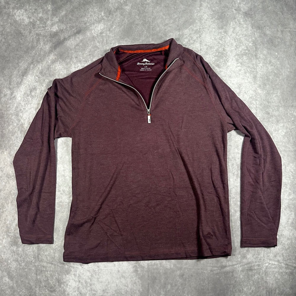 Tommy Bahama Men L Burgundy Heathered Quarter Zip Pullover Sweater Large 1/4 Zip
